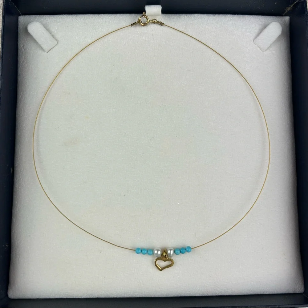 Gold Plated 925 Sterling Silver Heart Necklace w Genuine Turquoise Beads Pearls - Picture 1 of 13